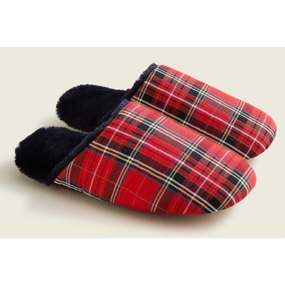 NEW JCREW Sherpa-Lined Slippers in Plaid